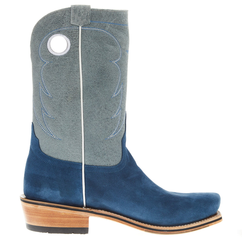 Horse Power Top Hand Men's Blue Suede Vamp 11in Grey Sinsation Top TK Toe Cowboy Boot