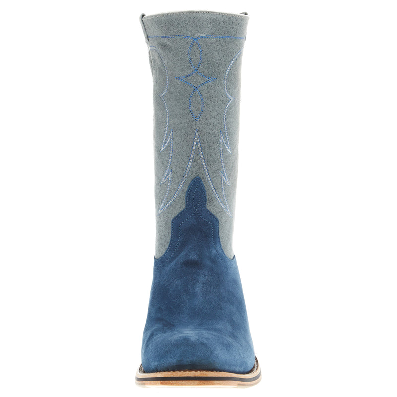 Horse Power Top Hand Men's Blue Suede Vamp 11in Grey Sinsation Top TK Toe Cowboy Boot