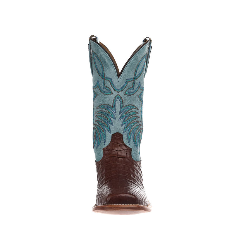 Hyer Boots Women's Waverly Antique Cigar Caiman Belly 11In Marbled Sky Blue Top Boot