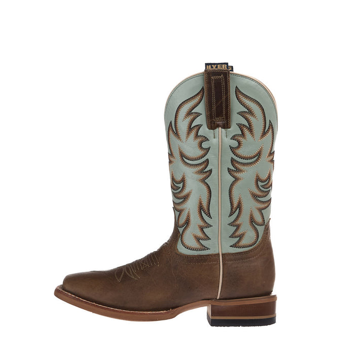 Hyer Boots Women's Topeka Tan Crazy Cowhide Vamp 11in Robin`s Egg Burnished Cowhide Boot