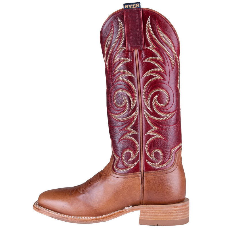 Hyer Boots Women's Salina Glossy Tan Goat Vamp 13in Royal Red Cowhide Top