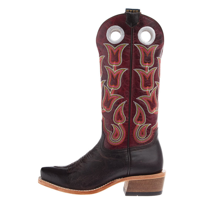 Hyer Boots Women`s Chocolate Goat 13In Crimson Cowhide Top Boot