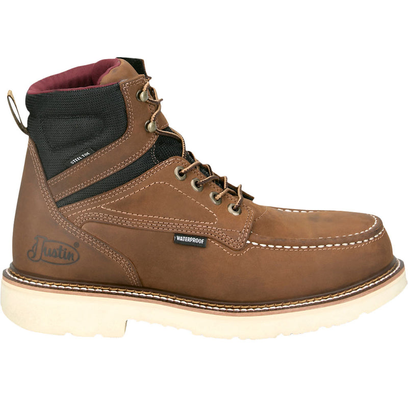 Justin Boot Company Men's Bristol 6in Waterproof Brown Steel Round Toe Lace Up Work Boot