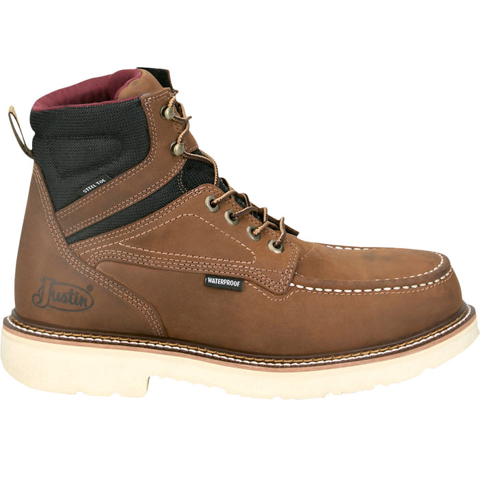 Justin Boot Company Men's Bristol 6in Waterproof Brown Steel Round Toe Lace Up Work Boot