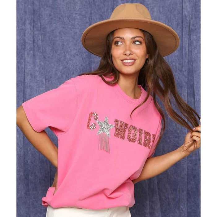 Dallas Cowboys Pink Miko Glitter Trim V-Neck T-Shirt - sportsfanzshop