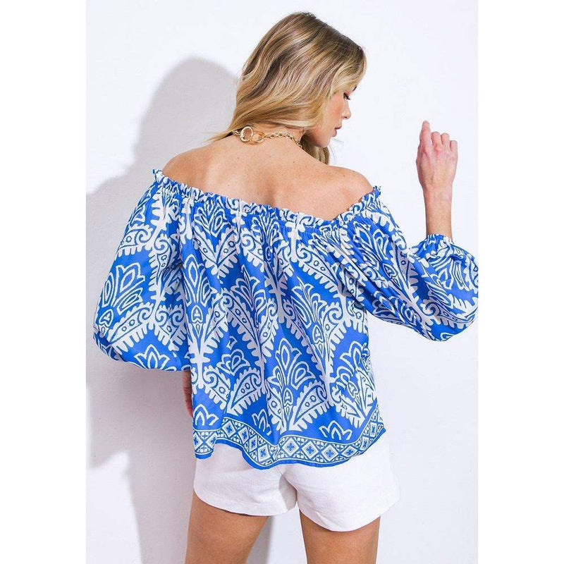 Flying Tomato Women's Blue and Ivory Off Shoulder Top