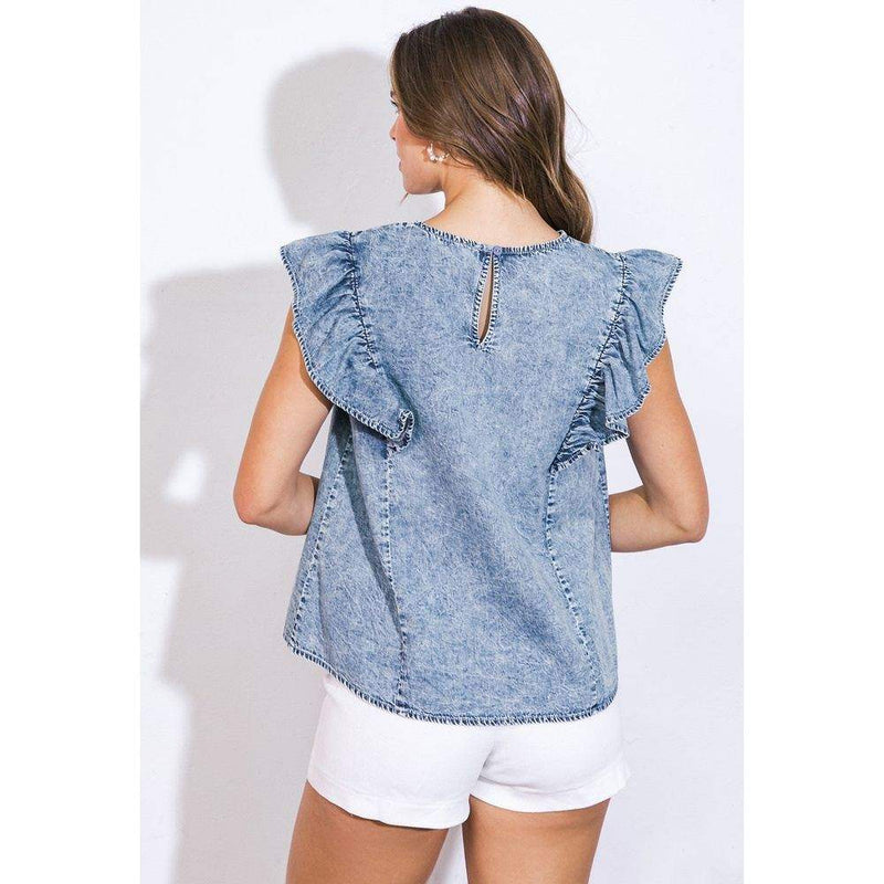 Flying Tomato Women's Blue Acid Ruffle Top