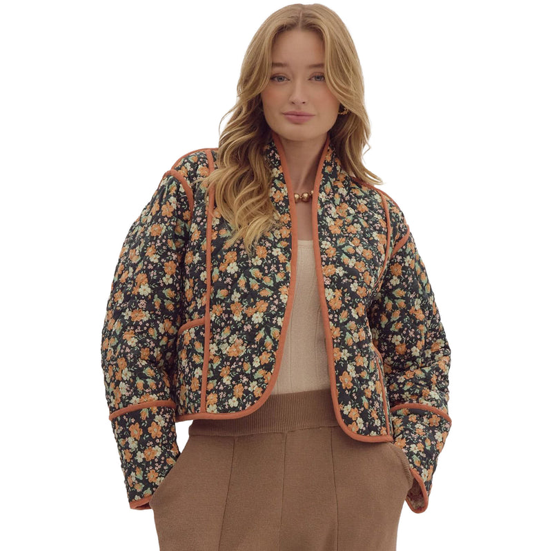 Entro Womens Black ECRU Floral Print Jacket
