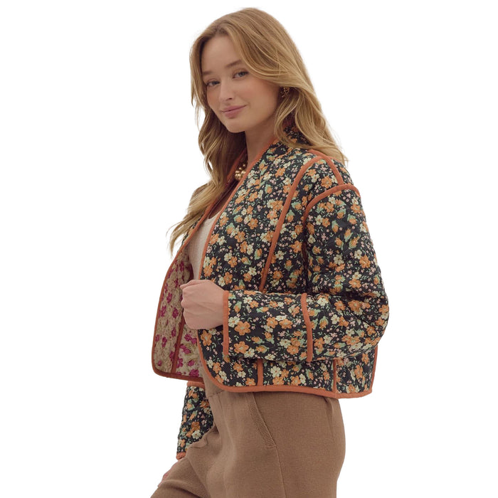 Entro Womens Black ECRU Floral Print Jacket