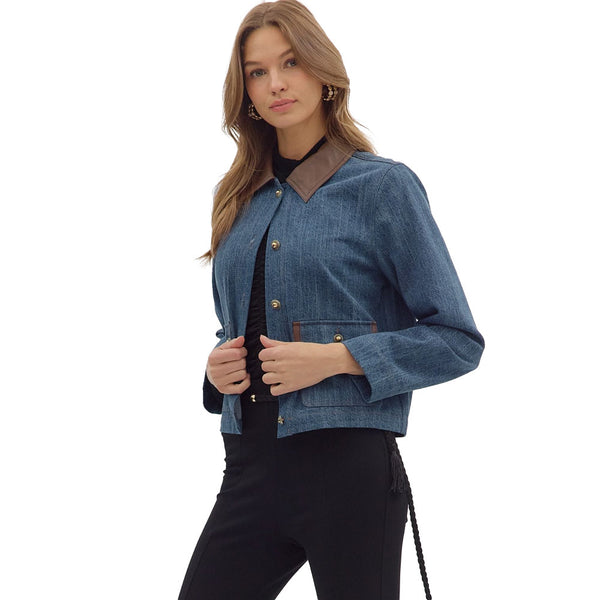 Entro Women's Denim Faux Leather Collar Jacket