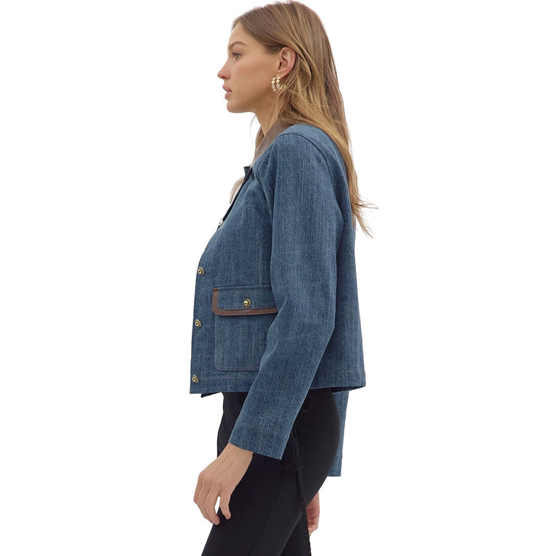 Entro Women's Denim Faux Leather Collar Jacket