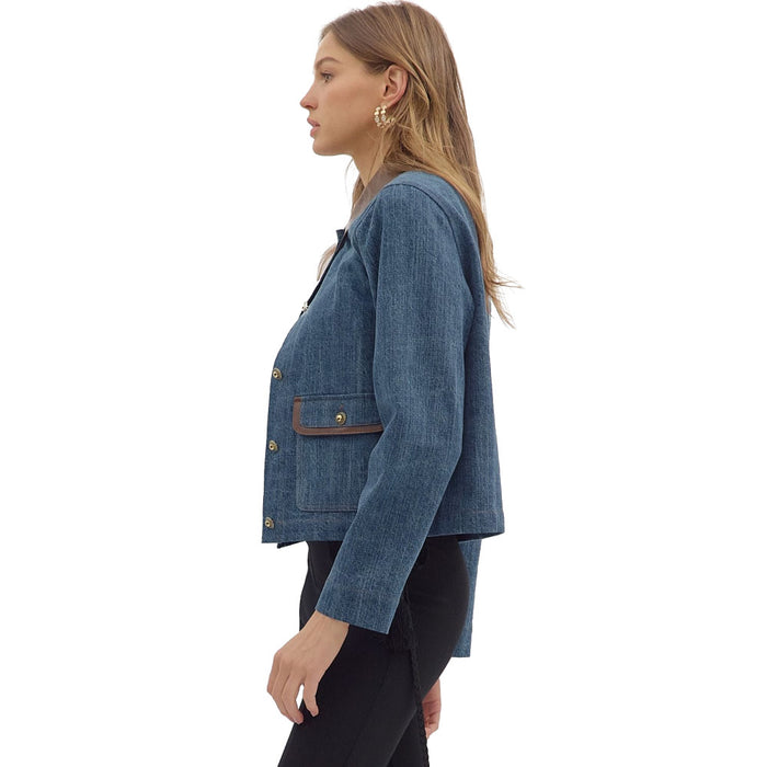 Entro Women's Denim Faux Leather Collar Jacket