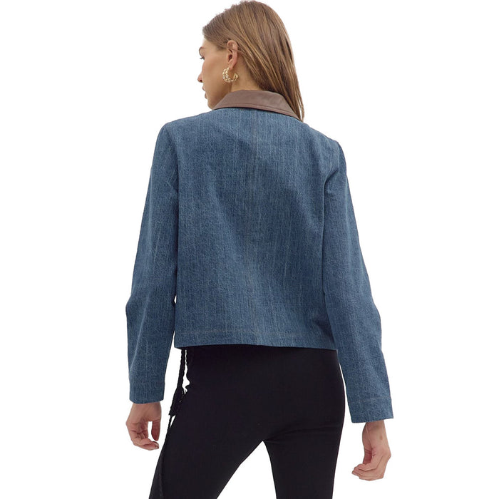 Entro Women's Denim Faux Leather Collar Jacket