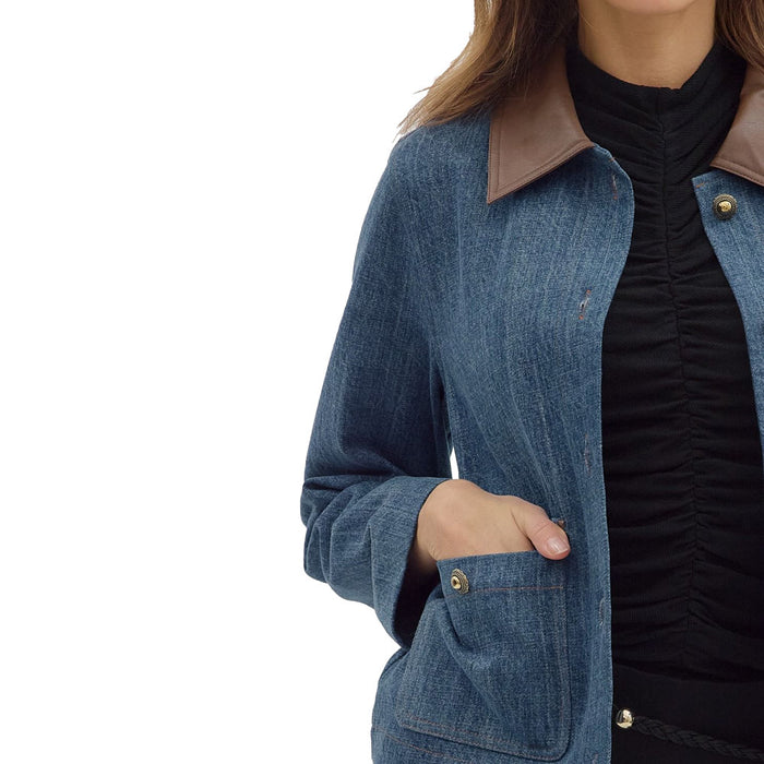 Entro Women's Denim Faux Leather Collar Jacket