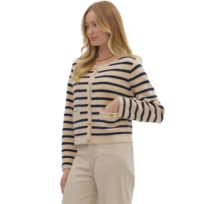 Entro Women's Ecru Striped Button Cardigan Top