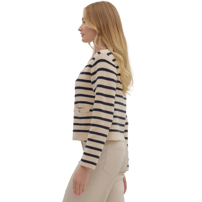 Entro Women's Ecru Striped Button Cardigan Top