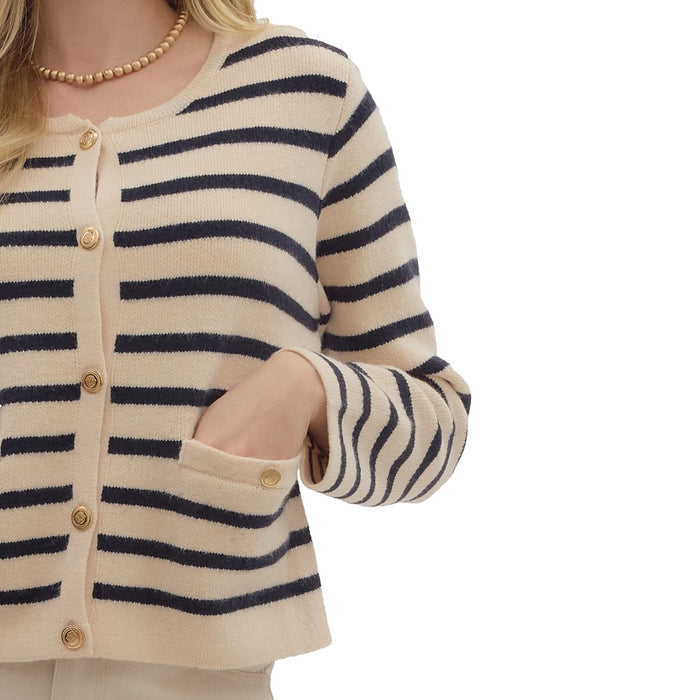 Entro Women's Ecru Striped Button Cardigan Top