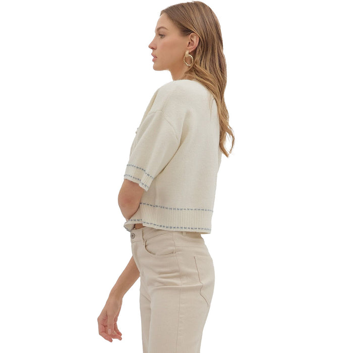 Entro Women's Cream Contrast Accent Stitch Sweater Top