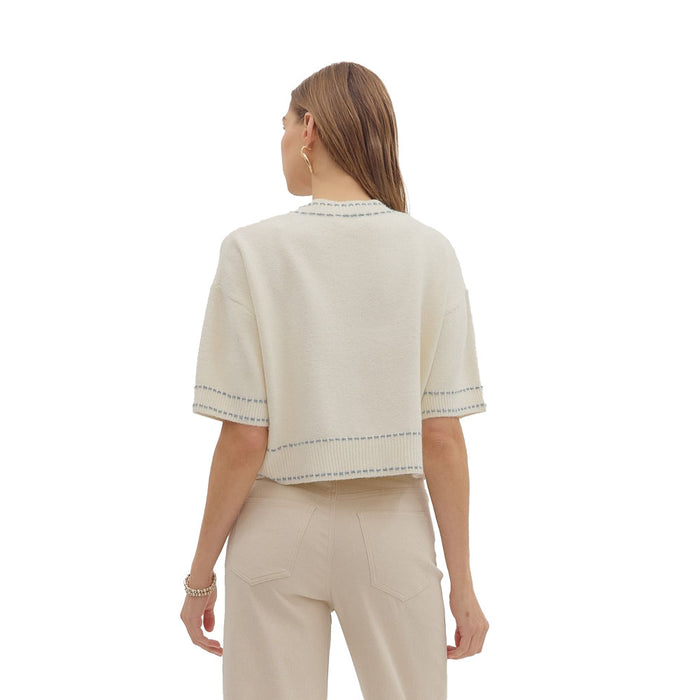 Entro Women's Cream Contrast Accent Stitch Sweater Top
