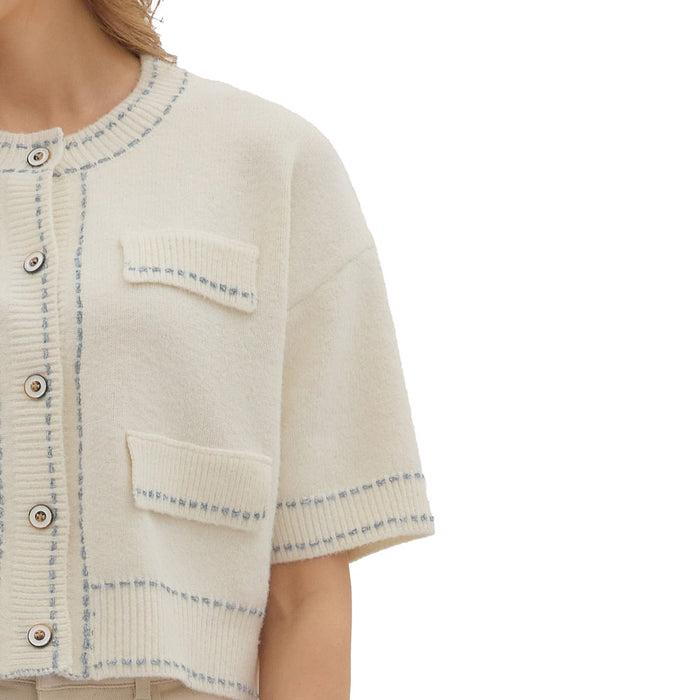 Entro Women's Cream Contrast Accent Stitch Sweater Top