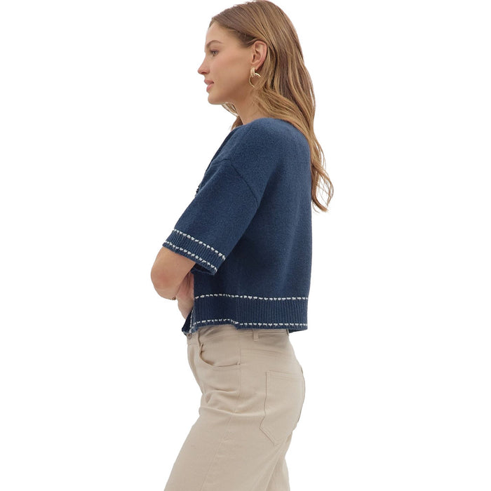 Entro Women's Navy Contrast Accent Stitch Sweater Top