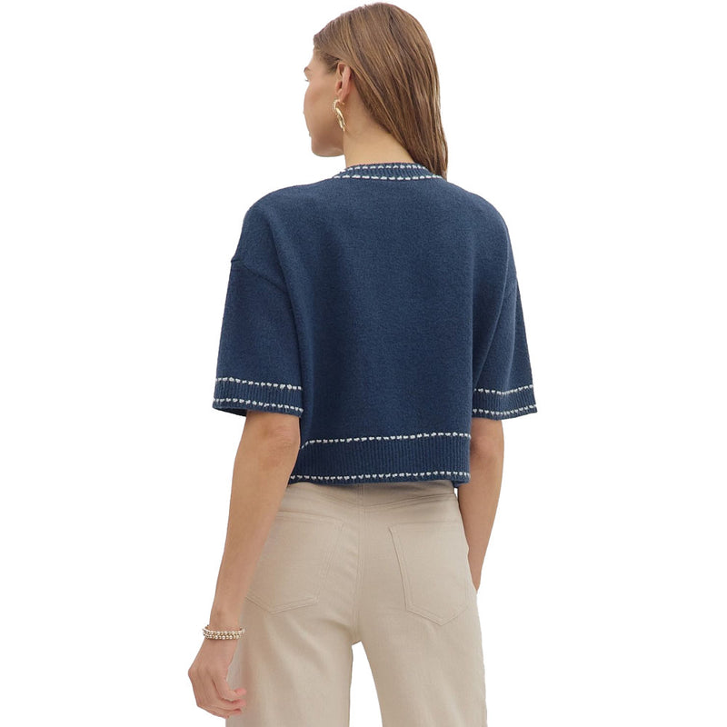 Entro Women's Navy Contrast Accent Stitch Sweater Top