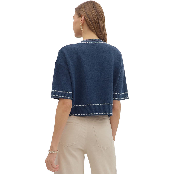 Entro Women's Navy Contrast Accent Stitch Sweater Top