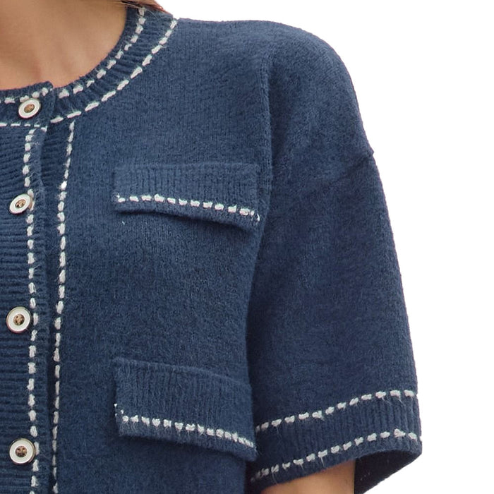 Entro Women's Navy Contrast Accent Stitch Sweater Top