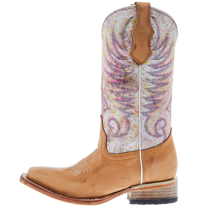 Circle G Kids Tan/White Embroidery Square Toe Boot