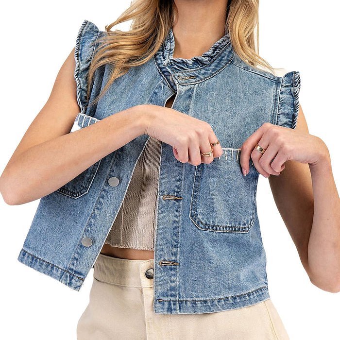 Ee Some Women's Denim Ruffle Sleeveless Top