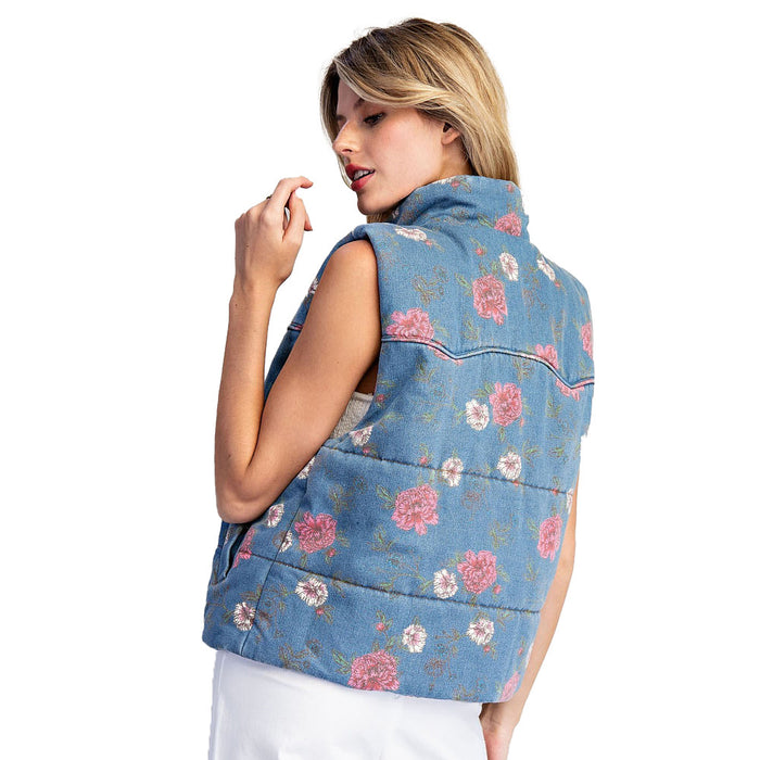 Ee Some Women's Denim Floral Denim Zip Up Vest