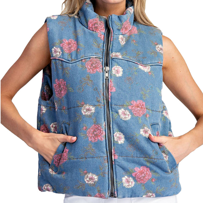 Ee Some Women's Denim Floral Denim Zip Up Vest