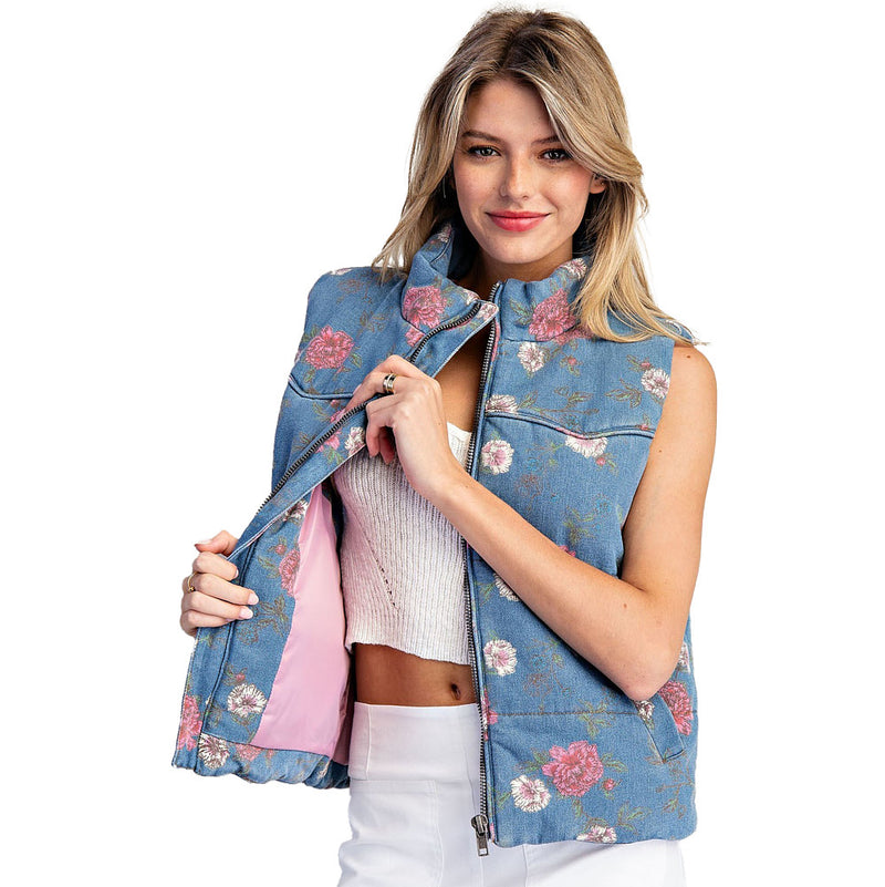 Ee Some Women's Denim Floral Denim Zip Up Vest