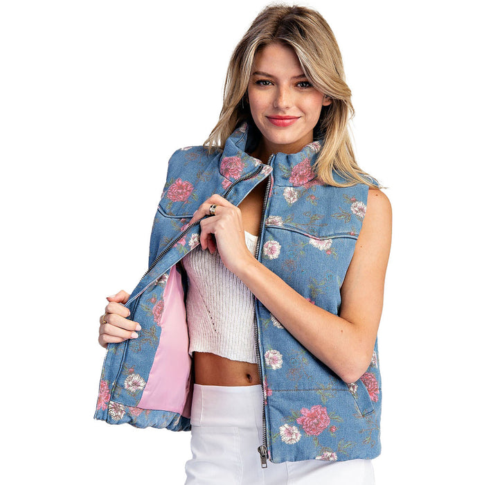 Ee Some Women's Denim Floral Denim Zip Up Vest