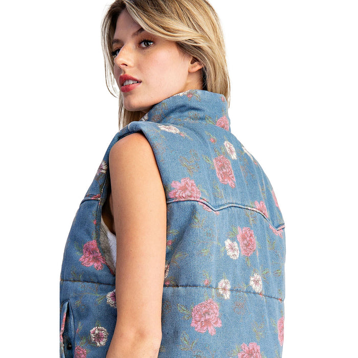 Ee Some Women's Denim Floral Denim Zip Up Vest