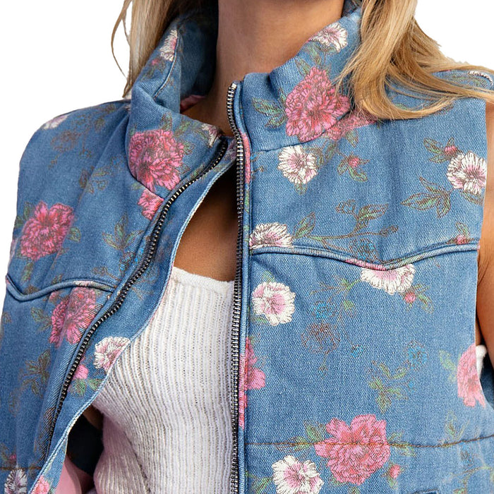 Ee Some Women's Denim Floral Denim Zip Up Vest
