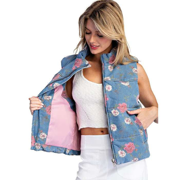 Ee Some Women's Denim Floral Denim Zip Up Vest