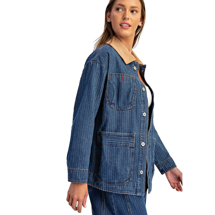 Ee Some Women's Denim Corduroy Collar Pinstripe Jacket