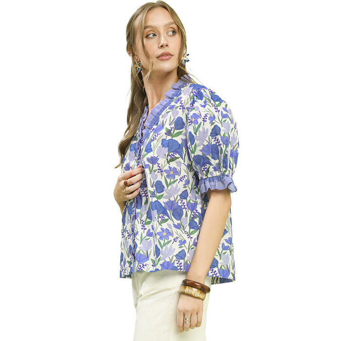 Umgee Usa Inc. Women's Blue Floral Ruffle Blouse