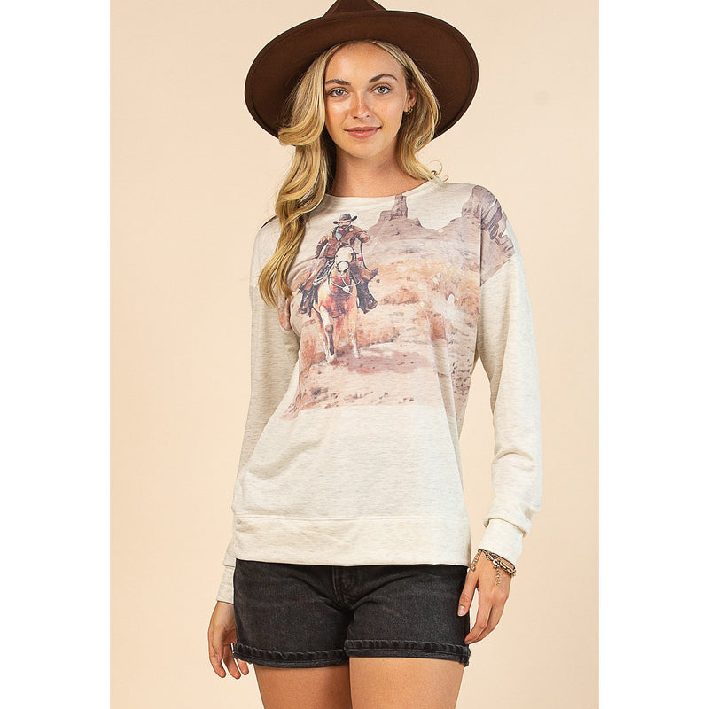 Avery Womens Oatmeal Cowboy French Terry Sweatshirt