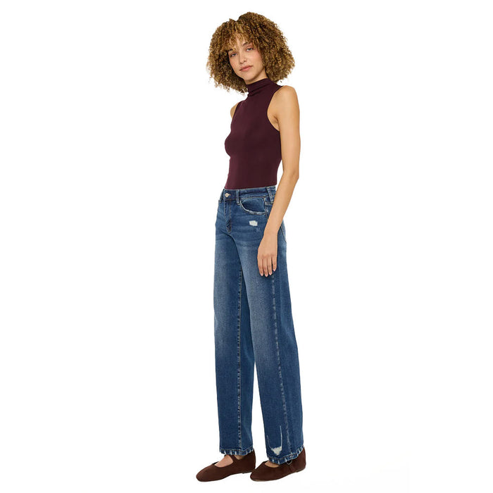 Kancan Women's Dark Wash High Rise Wide Leg Jean