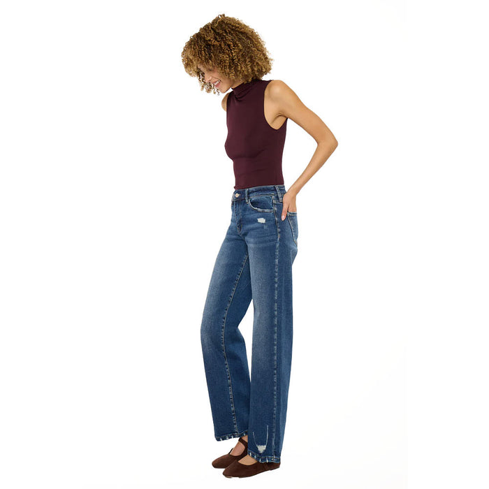 Kancan Women's Dark Wash High Rise Wide Leg Jean