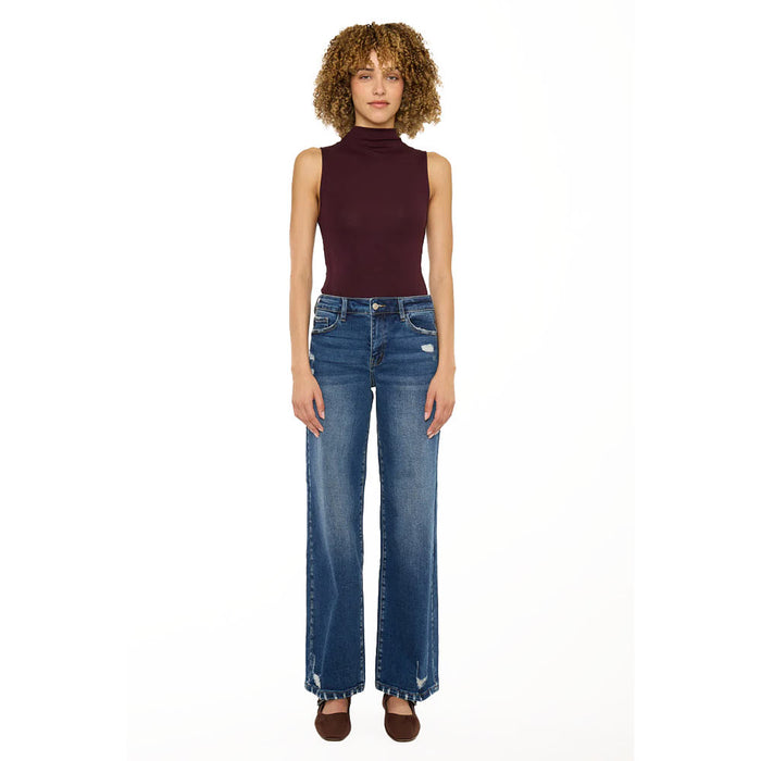 Kancan Women's Dark Wash High Rise Wide Leg Jean