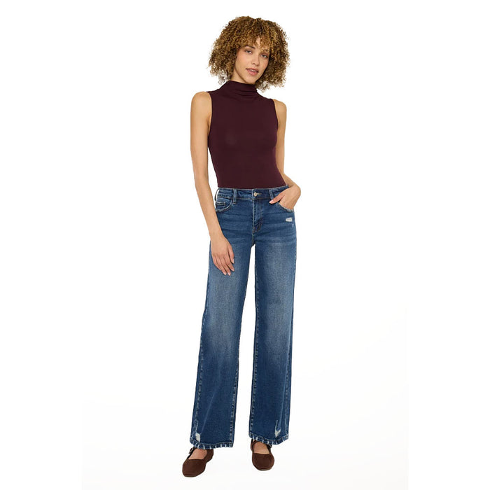 Kancan Women's Dark Wash High Rise Wide Leg Jean