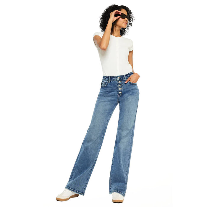 Kancan Women's Medium Wash 90's Flare Button Fly Jean