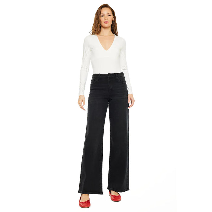 Kancan Women's Black High Rise Wide Leg Jean