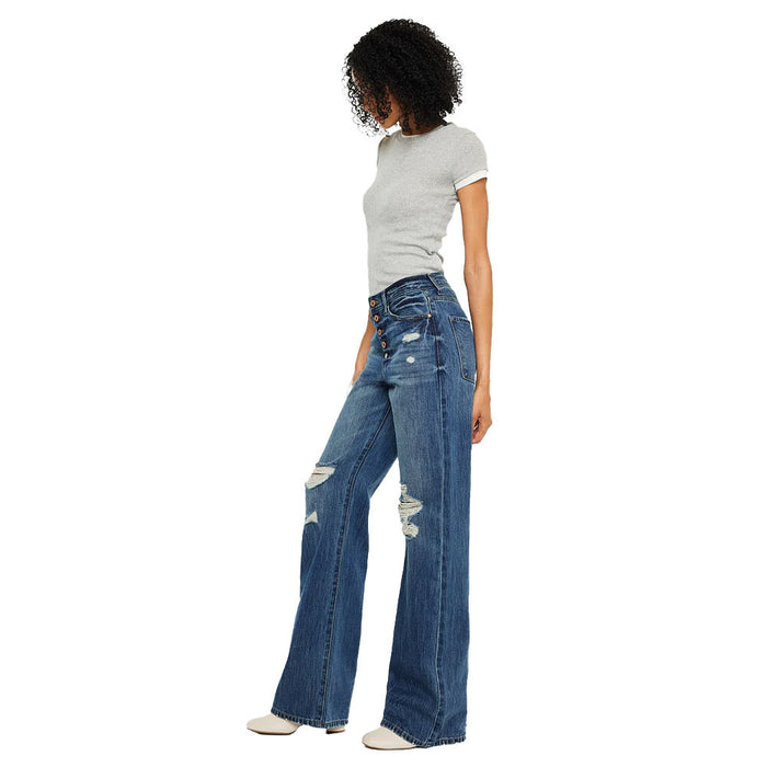 Kancan Women's Medium Wash Ultra High Rise Flare Jeans