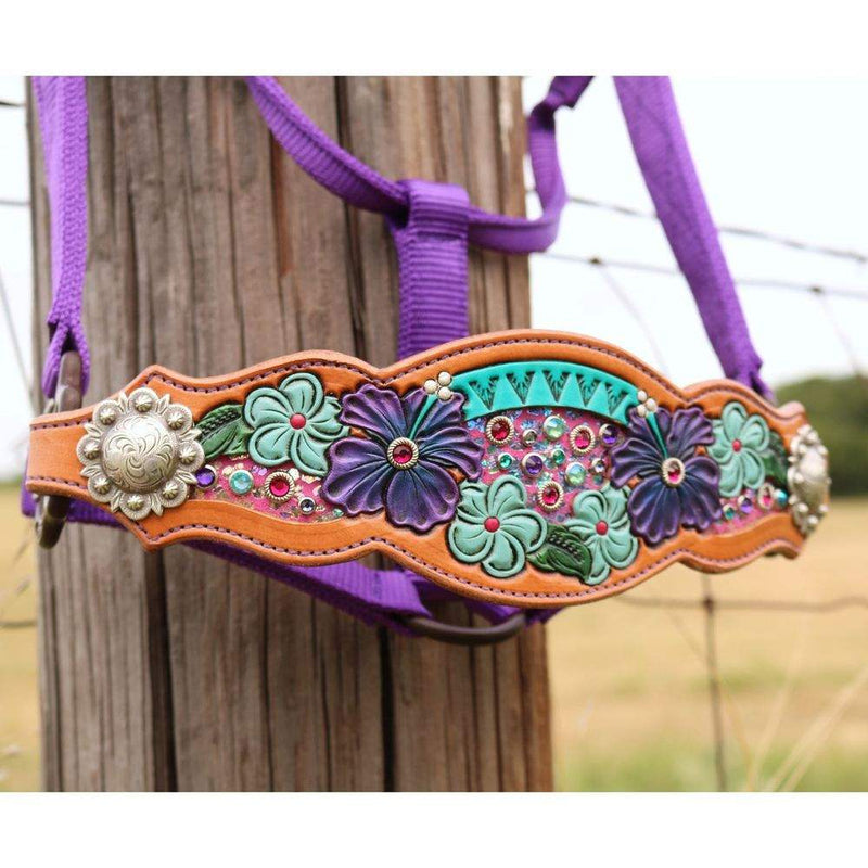 Kk Leathers Aqua Pink Floral Bronc Halter