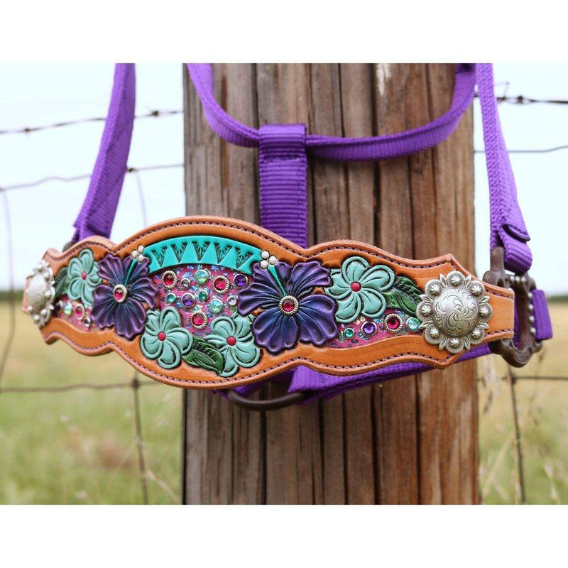 Kk Leathers Aqua Pink Floral Bronc Halter