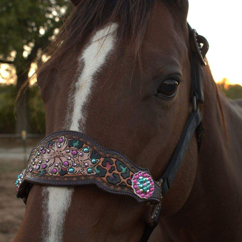 Kk Leathers Pink Turquoise Purple Leopard Floral Bronc Noseband Nylon Horse Halter